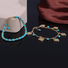 2Pcs Punk Boho Turquoise Beads Anklets Gold Plated Tassels Bracelet Womens Foot Chain Anklet Bracelet Foot Jewelry for women EF8