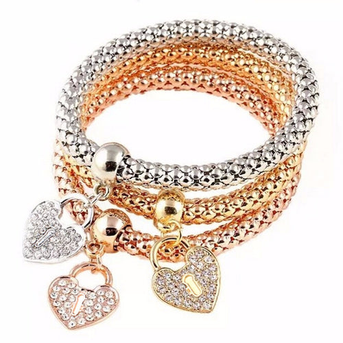 3Pcs Gold Filled Heart Charm Elastic Bracelets For Womens Bracelet Cute Multilayer Bangles EF8