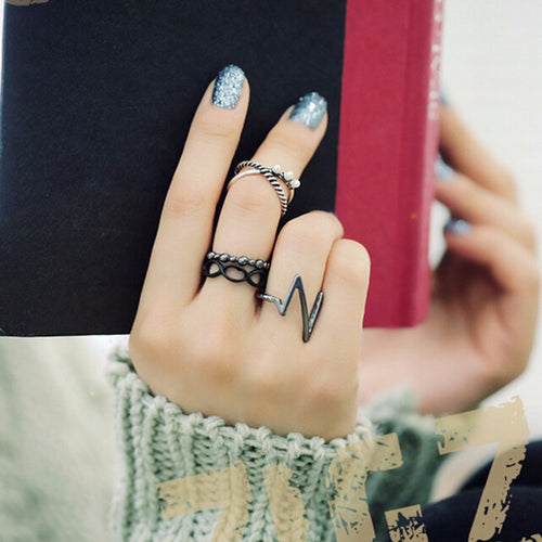 4pc Punk Women Black Silver Above B  Midi Knuckle Ring Women jewelry EF8