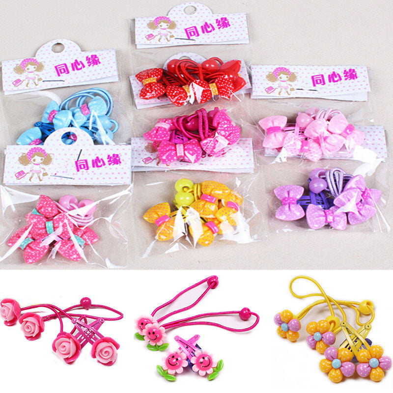 4pcs baby children cute cartoon hair rope multi-color Kids Flower Headdress Mix Hair Clips Hair Ropes EF8