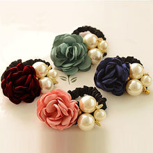 6 Color Elastic Hair Bands Women Satin Ribbon Rose Flower Pearls Hairband Ponytail Holder Hair Band Valentine's Gifts EF8