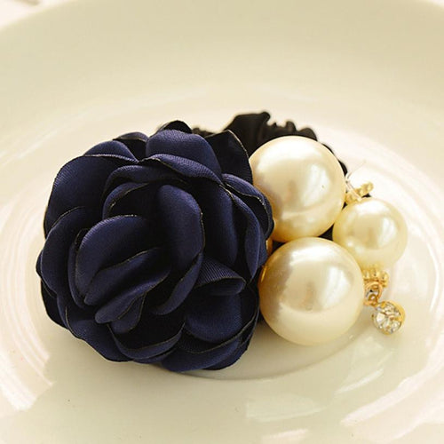 6 Color Elastic Hair Bands Women Satin Ribbon Rose Flower Pearls Hairband Ponytail Holder Hair Band Valentine's Gifts EF8