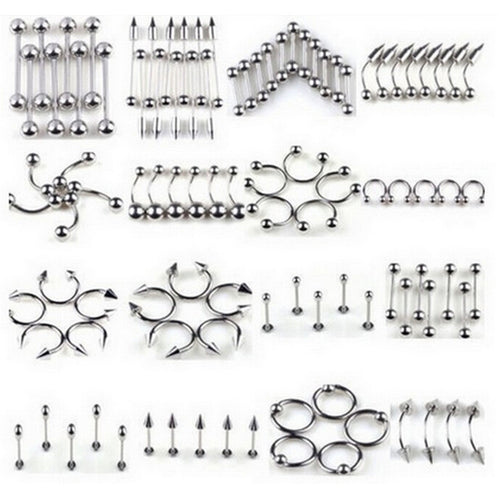 66Pcs Multi-type Stainless Steel Curved Eyebrow Nose Lip Earrings Nipple Piercings Punk Body Piercing  EF8