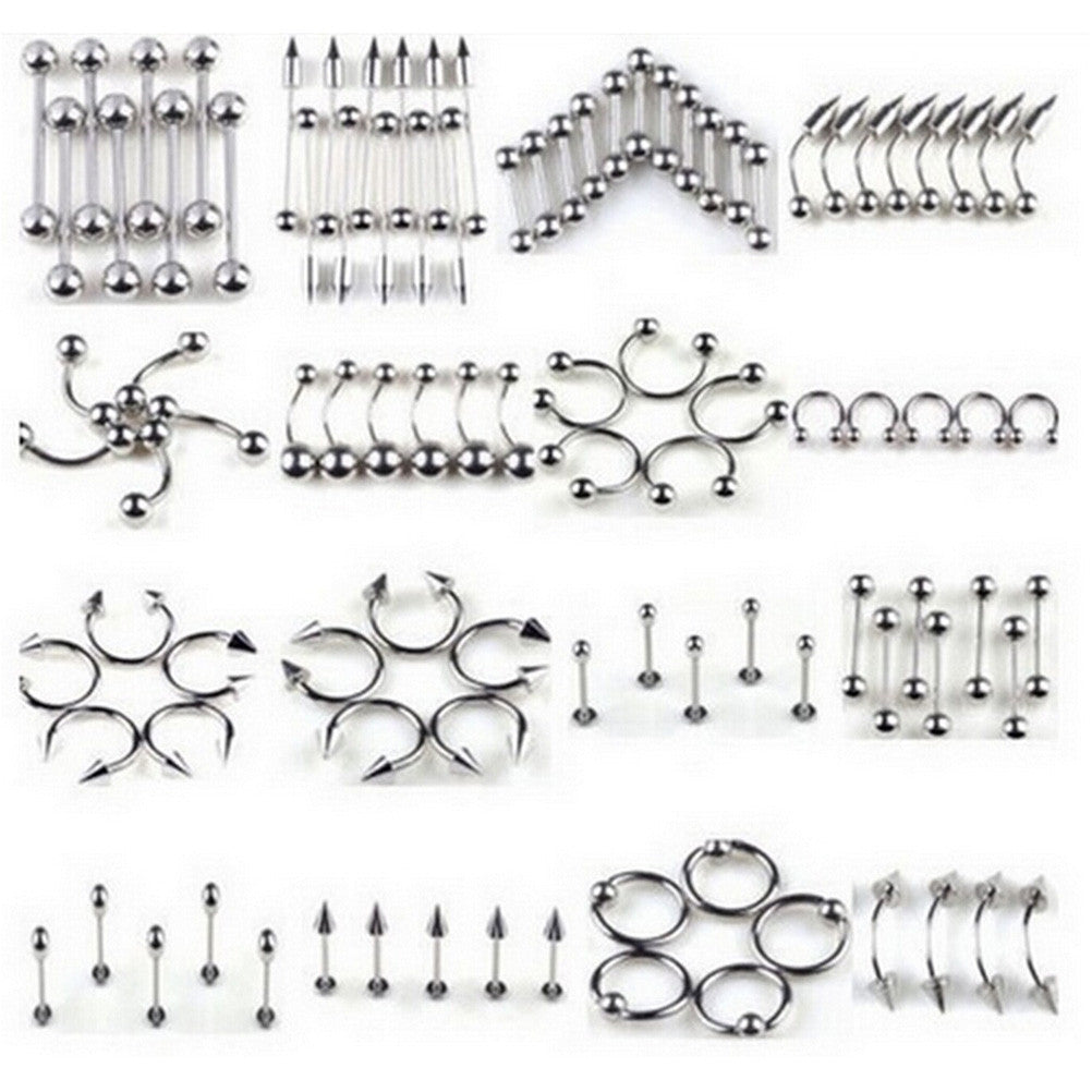 66Pcs Multi-type Stainless Steel Curved Eyebrow Nose Lip Earrings Nipple Piercings Punk Body Piercing  EF8