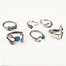 6PCS Vintage Turkish Beach Punk Moon Arrow Ring Set Ethnic Carved Silver Plated Boho Finger Rings EF8