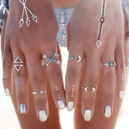 6PCS Vintage Turkish Beach Punk Moon Arrow Ring Set Ethnic Carved Silver Plated Boho Finger Rings EF8