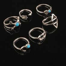 6PCS Vintage Turkish Beach Punk Moon Arrow Ring Set Ethnic Carved Silver Plated Boho Finger Rings EF8