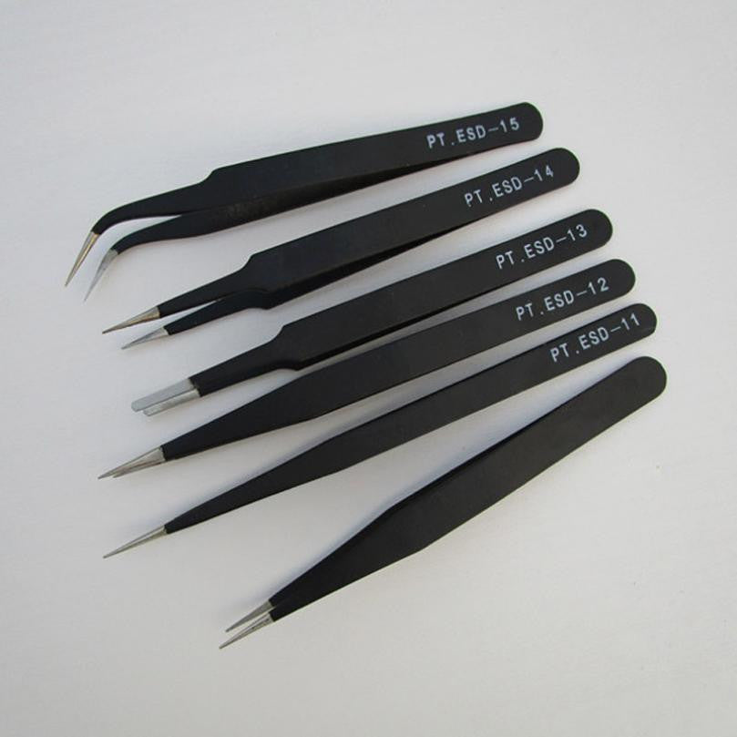 6pc Professional Coated Precision Tweezers SetStainless Steel Anti-static Tweezers Repair Tool Welding Assist EF8