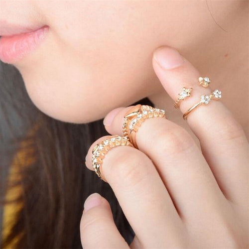 6pc Gold Sliver finger Knuckle Rings For Women Sweet Rhinestone Star Bowknot Heart Ring Set EF8