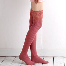7 Colors Lace Stockings Women Knitting Lace Cotton Over Knee Thigh Stockings High Pantyhose Stay Up EF8