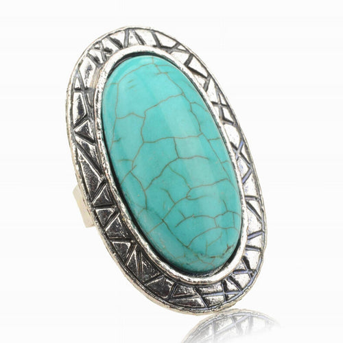 Adjustable Rings Women JewelryVintage Look Tibetan Women Alloy Antique Blue Oval Turquoise Rings EF8