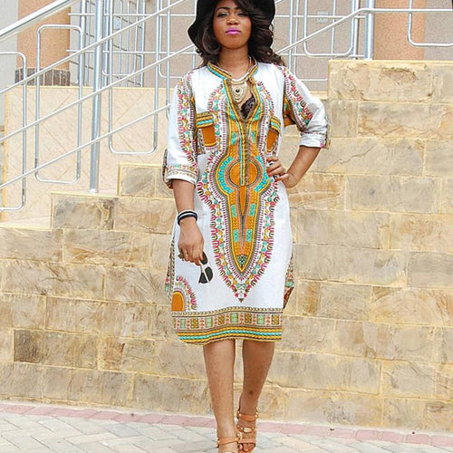 African Women Clothing White Dashiki Dress Succunct African Tr itional Print V Neck Dashiki Dress For Women EF8
