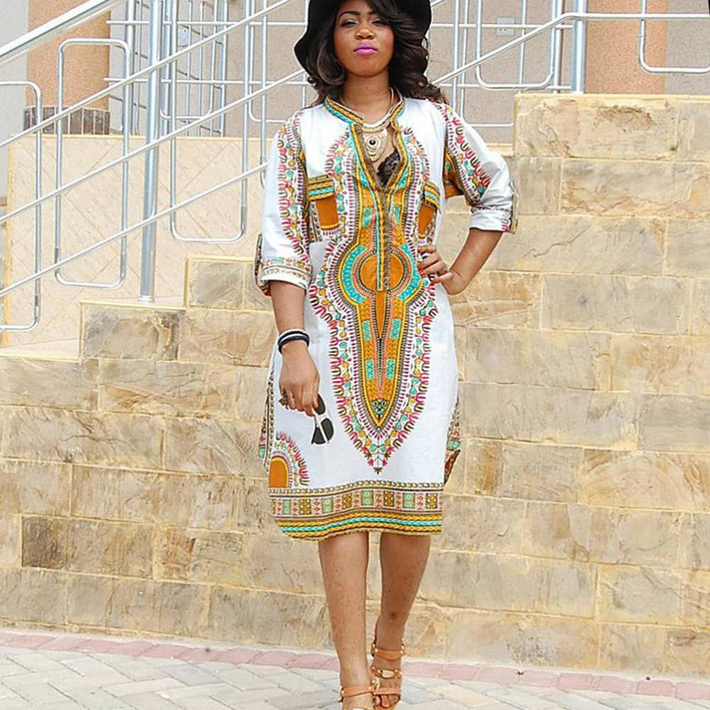 African Women Clothing White Dashiki Dress Succunct African Tr itional Print V Neck Dashiki Dress For Women EF8