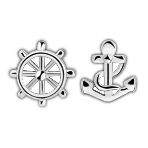 Anchor Ship Wheel Asymmetric Silver Color Party Ear Studs Women's Designer Earrings EF8