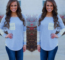 long-sleeved t shirt casual sexy lace pocket women Crochet t shirt  Knitted Slim Top t-shirt plus size EF8