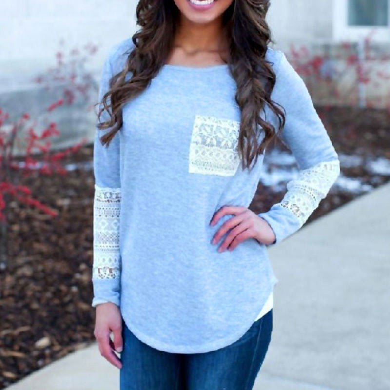 long-sleeved t shirt casual sexy lace pocket women Crochet t shirt  Knitted Slim Top t-shirt plus size EF8