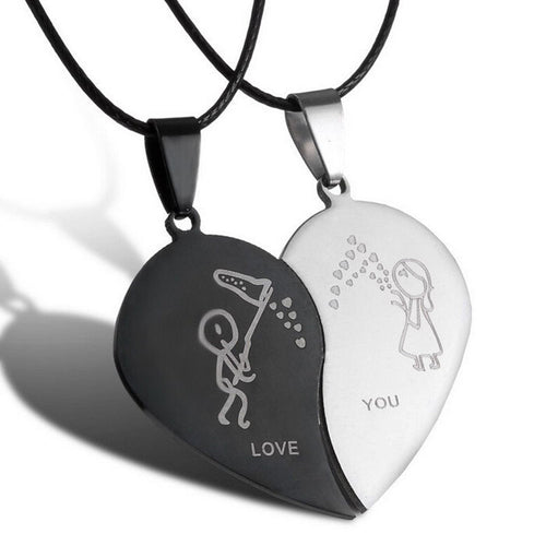 Black Cord Necklace Stainless Steel Engrave Love You Pendants Necklace Jewelry 2PCS Couple Broken Heart Choker Necklaces EF8