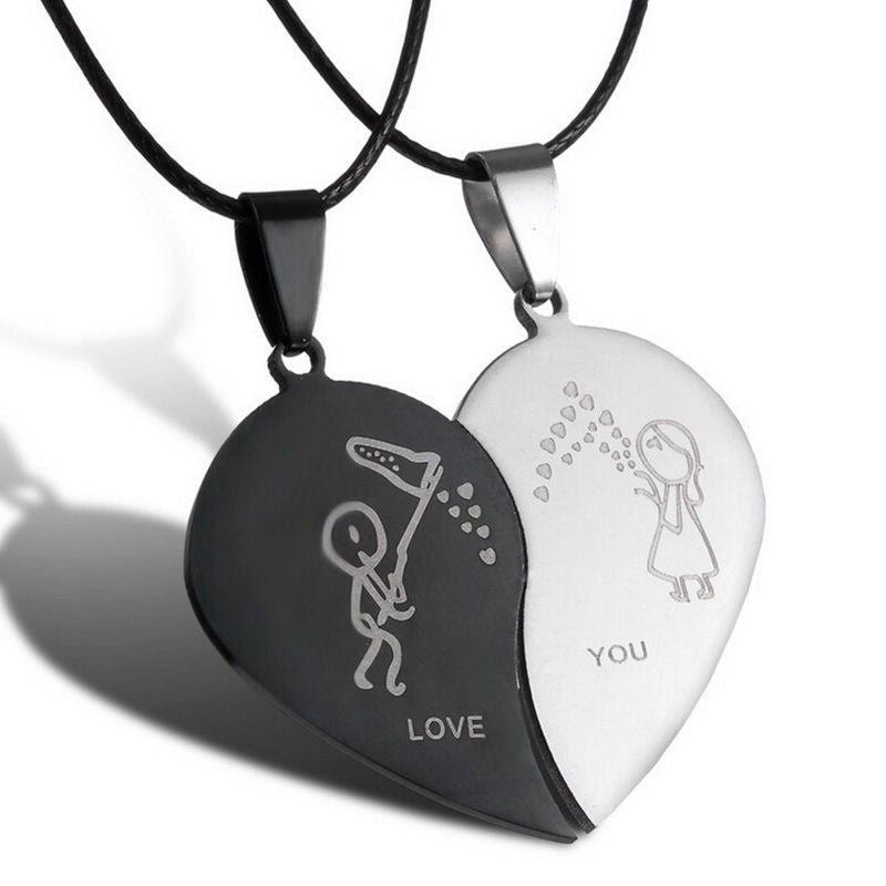 Black Cord Necklace Stainless Steel Engrave Love You Pendants Necklace Jewelry 2PCS Couple Broken Heart Choker Necklaces EF8