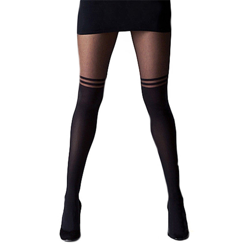 Black Sexy Women Temptation Sheer Mock Suspender Tights Cool Mock Over The Knee Double Stripe Sheer Tights Pantyhose Stockings EF8