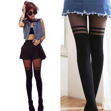 Black Sexy Women Temptation Sheer Mock Suspender Tights Cool Mock Over The Knee Double Stripe Sheer Tights Pantyhose Stockings EF8