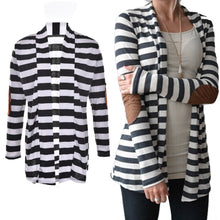 Black   White Striped Elbow Patching PU Leather Long Sleeve Knitted Cardigan Slim Women Sweater EF8