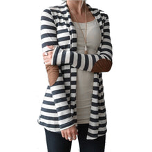 Black   White Striped Elbow Patching PU Leather Long Sleeve Knitted Cardigan Slim Women Sweater EF8