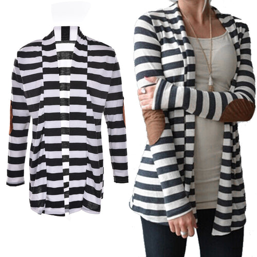 Black   White Striped Elbow Patching PU Leather Long Sleeve Knitted Cardigan Slim Women Sweater EF8