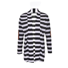 Black   White Striped Elbow Patching PU Leather Long Sleeve Knitted Cardigan Slim Women Sweater EF8