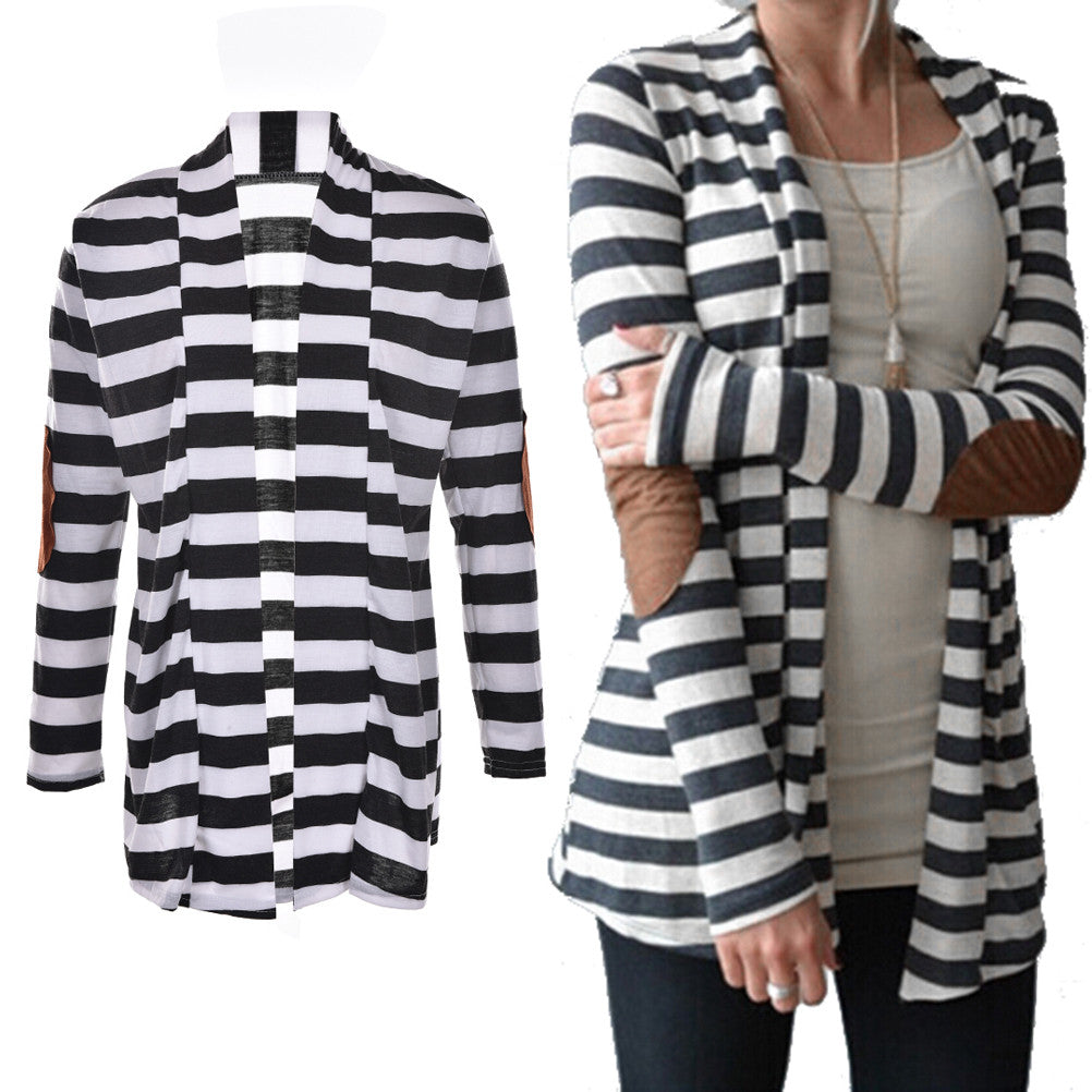 Black   White Striped Elbow Patching PU Leather Long Sleeve Knitted Cardigan Slim Women Sweater EF8