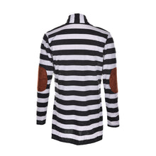 Black   White Striped Elbow Patching PU Leather Long Sleeve Knitted Cardigan Slim Women Sweater EF8