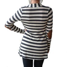 Black   White Striped Elbow Patching PU Leather Long Sleeve Knitted Cardigan Slim Women Sweater EF8