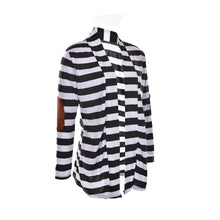 Black   White Striped Elbow Patching PU Leather Long Sleeve Knitted Cardigan Slim Women Sweater EF8