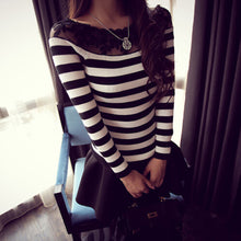 Black   white striped blouse Knitted women tops lace floral embroidery shirts long sleeve knitwear Women Formal Tops EF8
