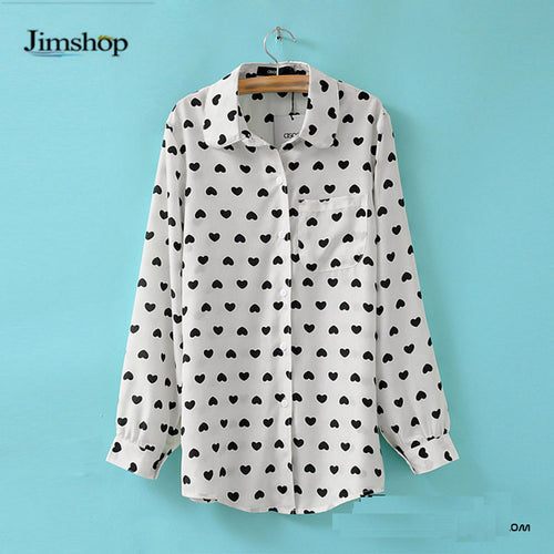 Blusas Femininas Fashion Vintage Women's Shirt Chiffon Love Heart Sweet Black Women Long Sleeve Tops Roupas S M L EF8