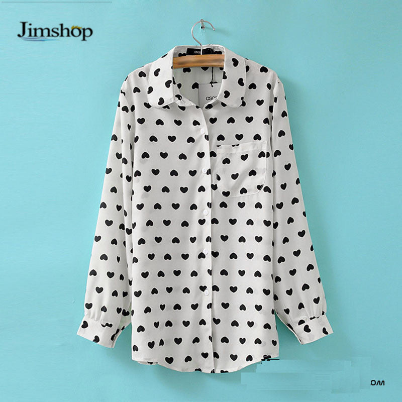 Blusas Femininas Fashion Vintage Women's Shirt Chiffon Love Heart Sweet Black Women Long Sleeve Tops Roupas S M L EF8