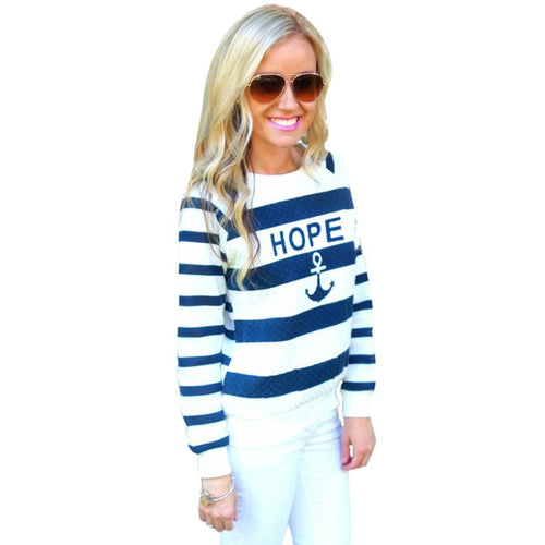 Blusas Femininas Women EBoat Anchor Stripe Long Sleeve Blouses Casual O Neck Blouse Shirt Plus Size Tops Pullover EF8