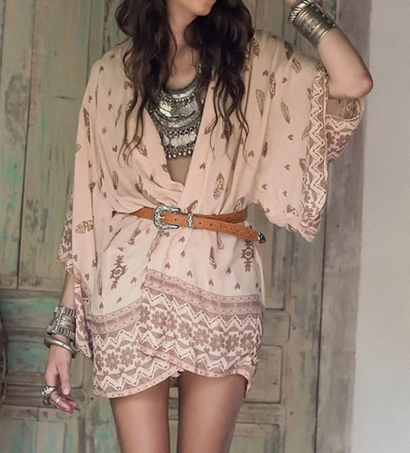 Boho Printed Chiffon Loose Kimono Cardigan Fashion Women Blouse Shirt Tops Batwing Sleeve Blusas Femininas EF8