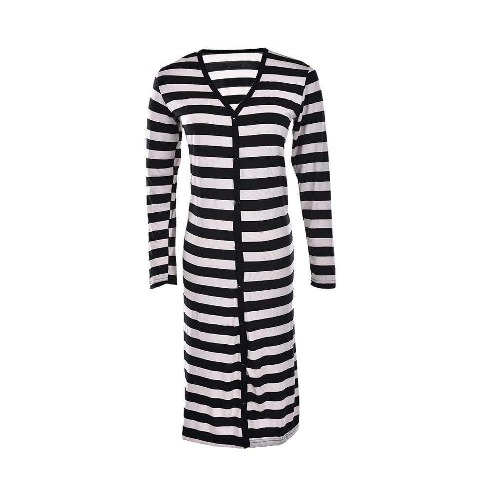 Black   White Striped Long Sleeve Knitted Open Cardigan Fall Slim Women Sweater EF8
