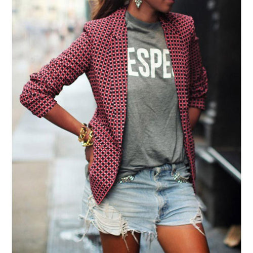Casual Women Fashion Red Plaid Long Sleeve Fitted Blazer Plus Size Business Formal Office Suits One Button Blaser Feminino EF8