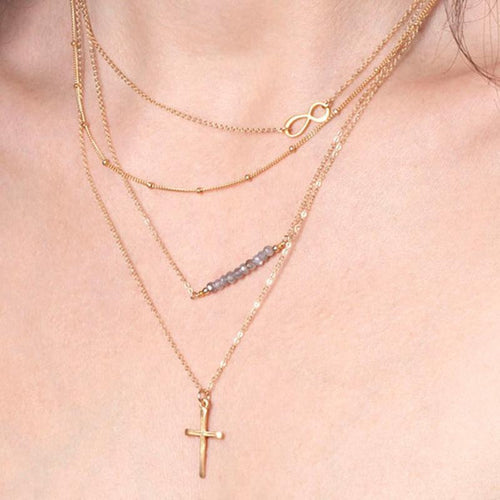 Charm Infinity Crystal Beads Cross Pendant Necklace Lovely Women Multilayer Chain Necklace EF8