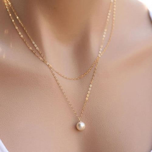Charm Pendant Pearl Necklace Sliver Gold Double Chain Necklace For Women EF8