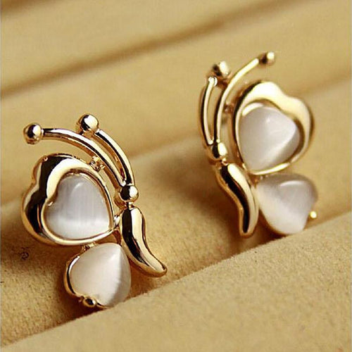 Charm Smooth Butterfly Stud Earrings For Women Golden Color Crystal Jewelry Peach Heart Earings EF8