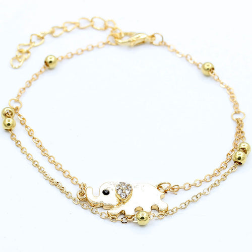 Crystal Elephant Charm Anklet Women gold 2 Layer Link Chain Metal Beads Barefoot S al Foot Jewelry Feet Bracelet EF8