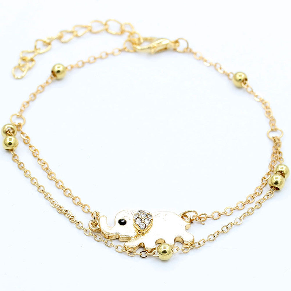 Crystal Elephant Charm Anklet Women gold 2 Layer Link Chain Metal Beads Barefoot S al Foot Jewelry Feet Bracelet EF8