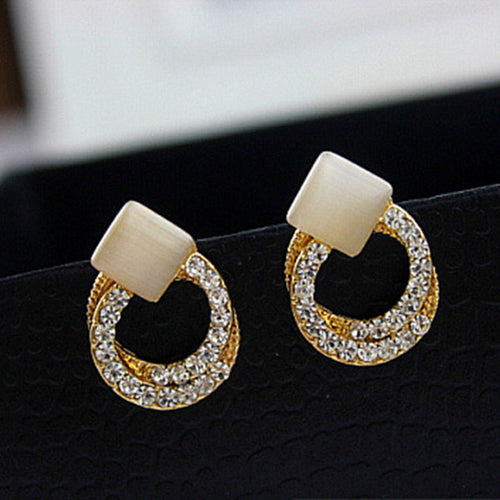 Crystal Rhinestone Stud Earrings Gold Double Ring Ear Studs Geometric Women Jewelry Elegant Korean Style EF8