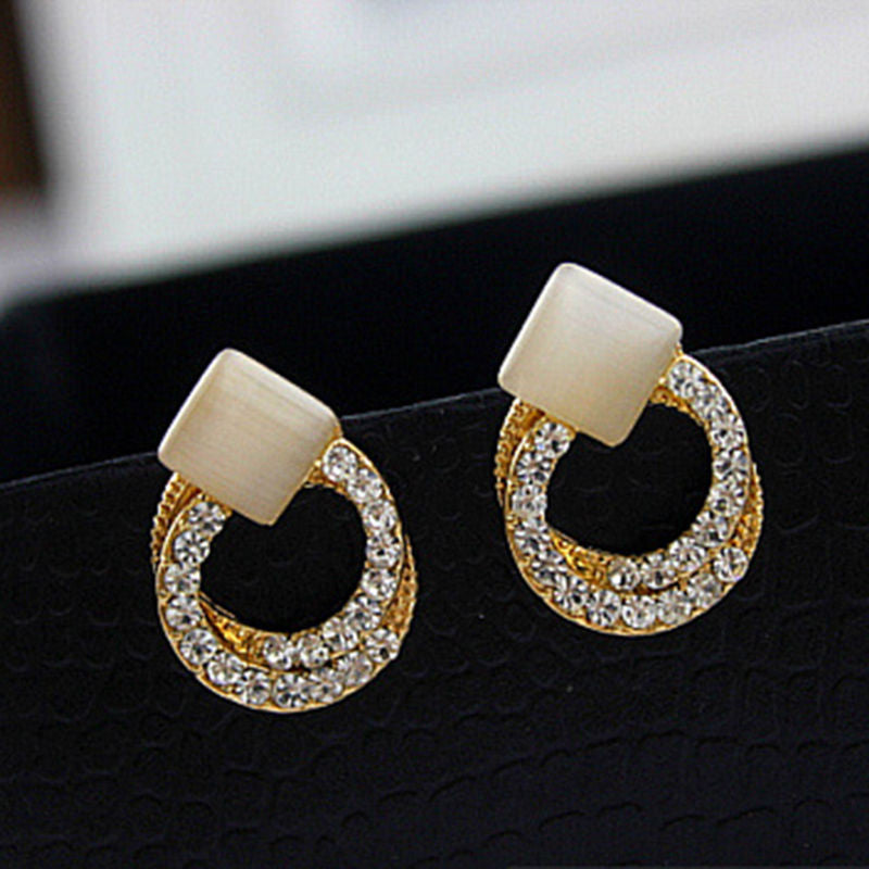 Crystal Rhinestone Stud Earrings Gold Double Ring Ear Studs Geometric Women Jewelry Elegant Korean Style EF8