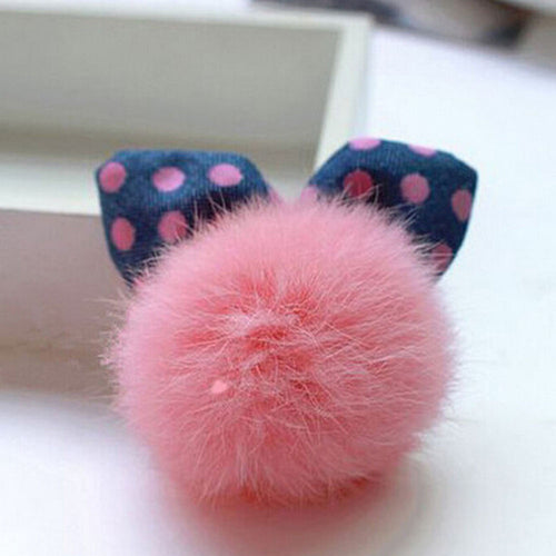 Cute Dotted Rabbit Baby Headb  Faux Fur Ball Ear Shape Hair Clips For Girls Red Pink Hairpins S  EF8