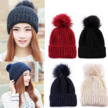 Cute Fur Ball Pompom Women Fashion Keep Warm Hats Knitted Wool Hemming Hat Beanies Accessories Fur Pom Cap EF8