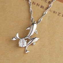 Cute Silver Plated Double Dolphin Rhinestone Short Chain Pendant Necklace Women Jewelry EF8