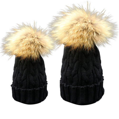 Cute Trendy Mom And Baby Crochet Hat Fur Wool Knit Warm Cap Knitted Hats Caps Toddler bonnet enfant set EF8